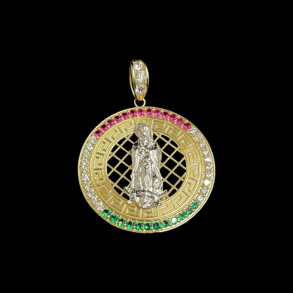 14k Gold Versace Print with Stones Virgen de Guadalupe Pendant