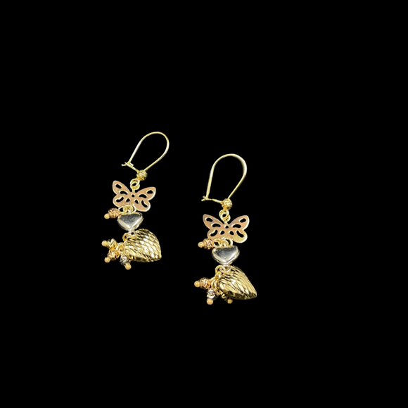 14k Tri-Color Butterfly/Heart Dangling Earrings